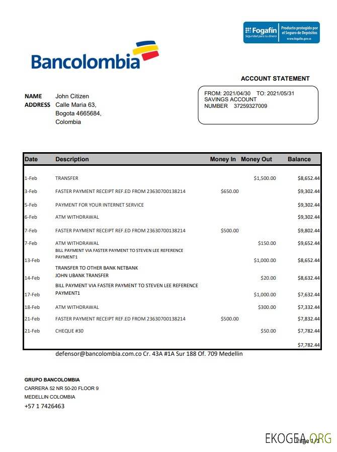 Colombie Bancolombia excel pdf